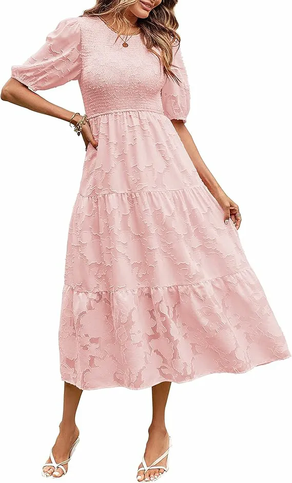 Summer Dress Floral Lace Short Sleeve High Waist Pink - Shop at LoveMi