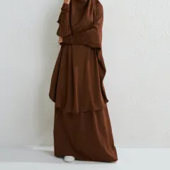 Muslim Fashion Plus Size Two-piece Suit Arabic Djellaba Solid Color - Brown - View 1