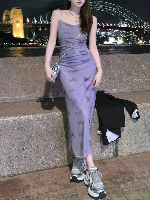 New French Purple Floral Strap Women Dress Long, Purple Style - Shop at LoveMi