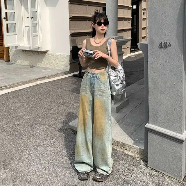 American Retro Mud Yellow Wide Leg Jeans Old Color Trousers - Shop at LoveMi