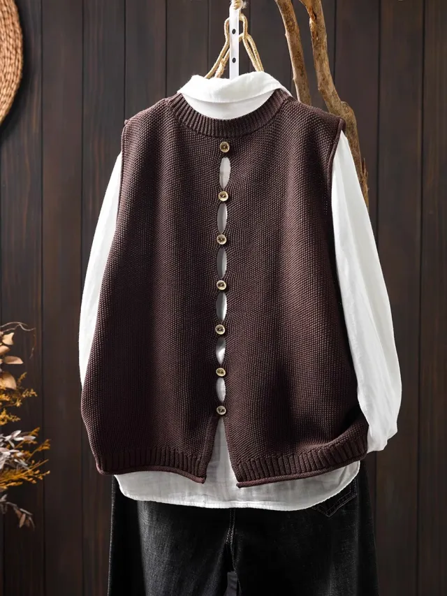 Back Buttoned Cotton Thread Knitted Vest Women Coffee - Shop at LoveMi