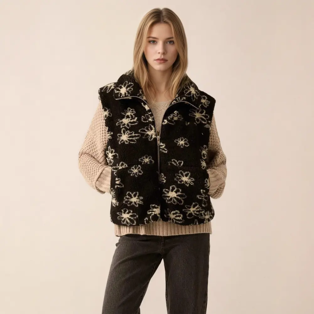 Fashion Polo Collar Flower Print Lamb Wool Vest