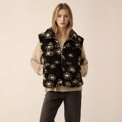 Fashion Polo Collar Flower Print Lamb Wool Vest