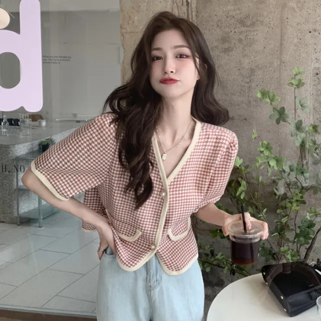 Chanel style Shirt Jacket For Women, Summer V neck Houndstooth Pink - Shop at LoveMi