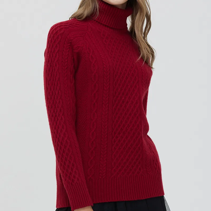 Women's High-neck Cable Knit Wool Sweater - Purplish Red