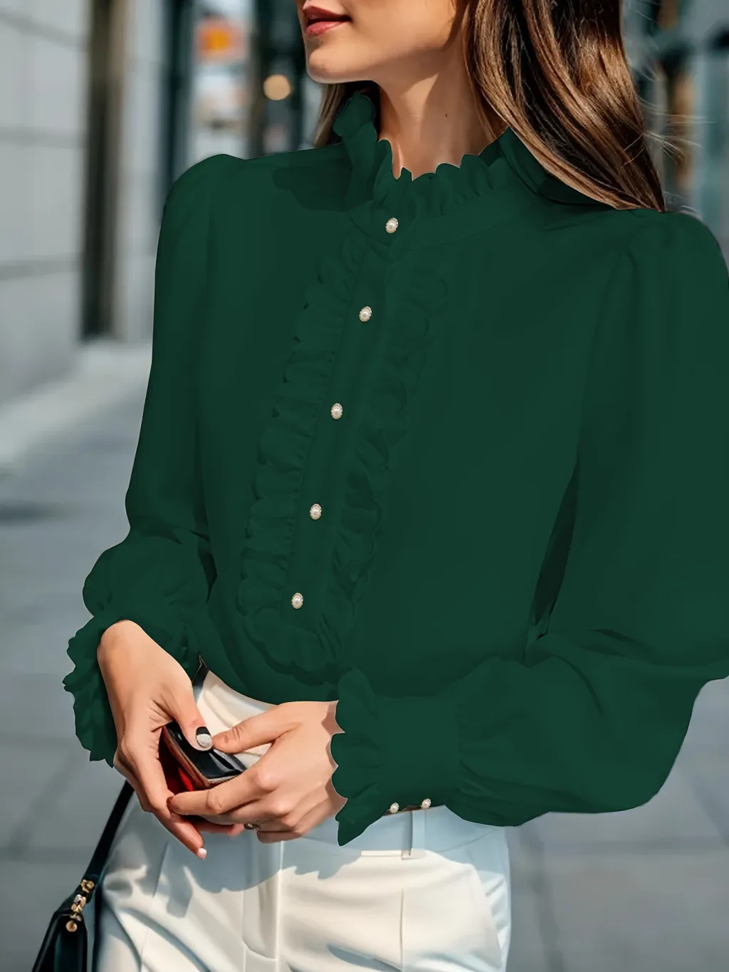 European And American Women's Clothing Shirt Ruffled All-match - Green
