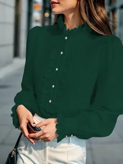 European And American Women's Clothing Shirt Ruffled All-match - Green - View 1