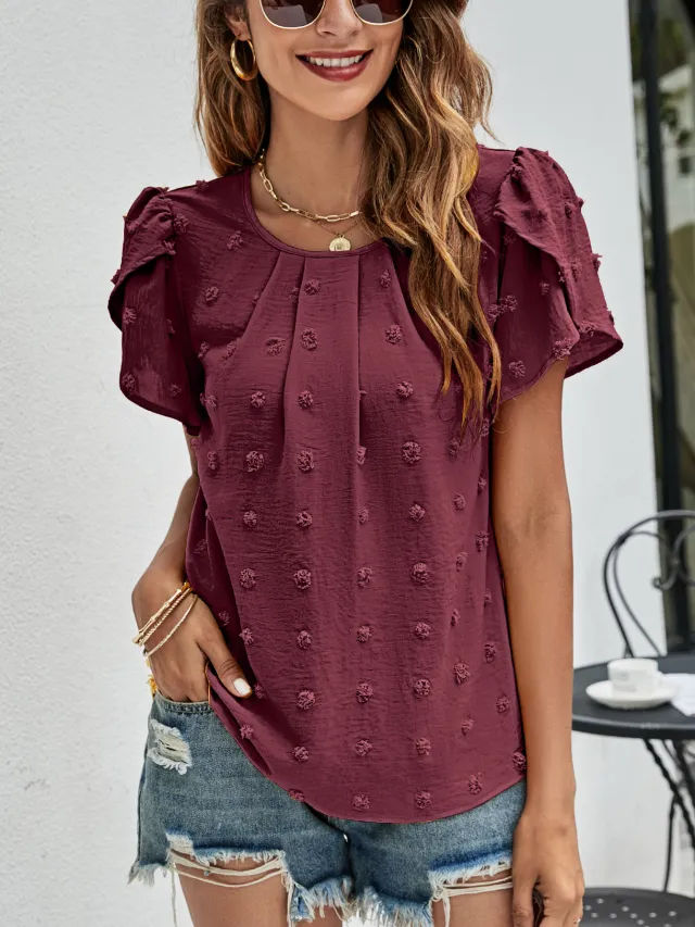 Crew Neck Casual Tulip Sleeve T shirt Jacquard Top For Women Wine - Shop at LoveMi