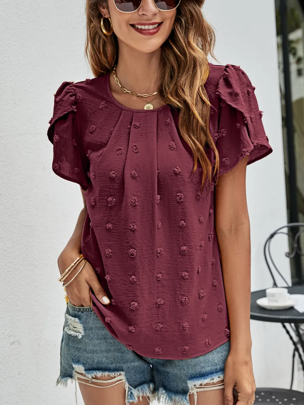Crew Neck Casual Tulip Sleeve T-shirt Jacquard Top For Women - Wine Red