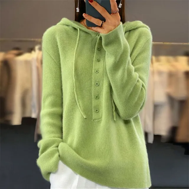 Solid color Long sleeve Hooded Knitted Pullover With Drawstring For Women Green - Shop at LoveMi