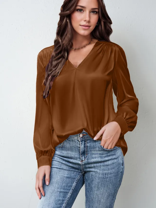 Satin Pleated Long sleeved Top V neck Casual Loose Shirt Brown - Shop at LoveMi