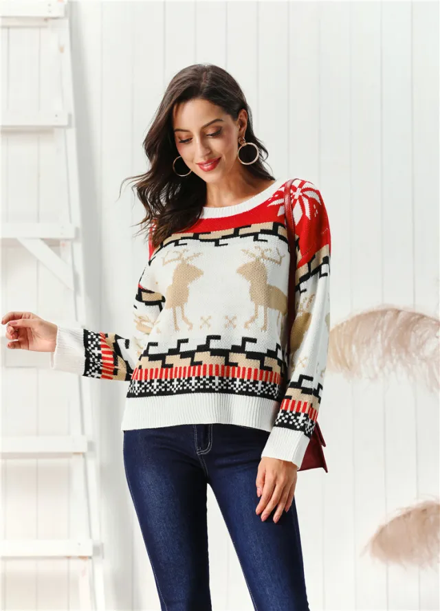 Women's Christmas Crew Neck Pullover Sweater White - Shop at LoveMi