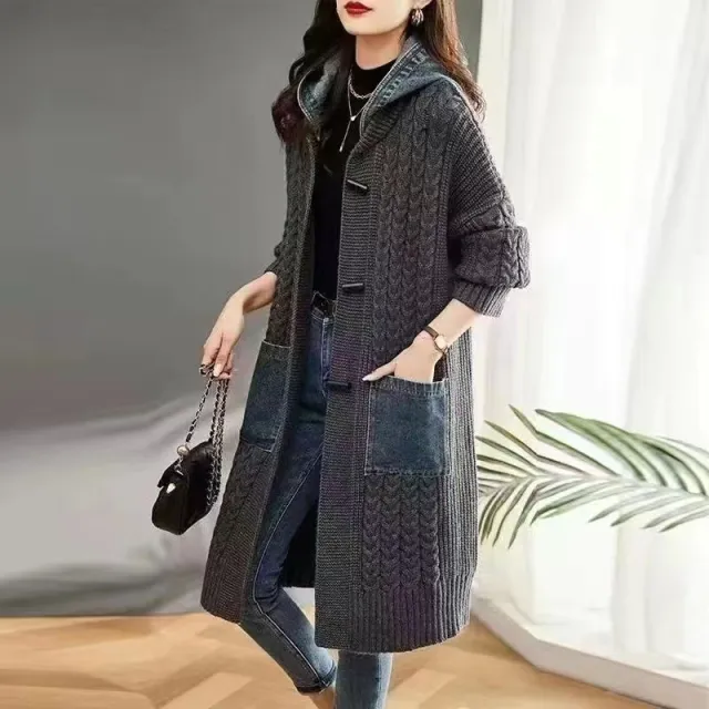Spring And Autumn Cardigan Mid length Loose Western Style Outer Wear Hooded Knitted Top Dark Gray - Shop at LoveMi