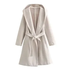 Women's Lace-up Waist Elegant Hooded Woolen Coat - Beige - View 1