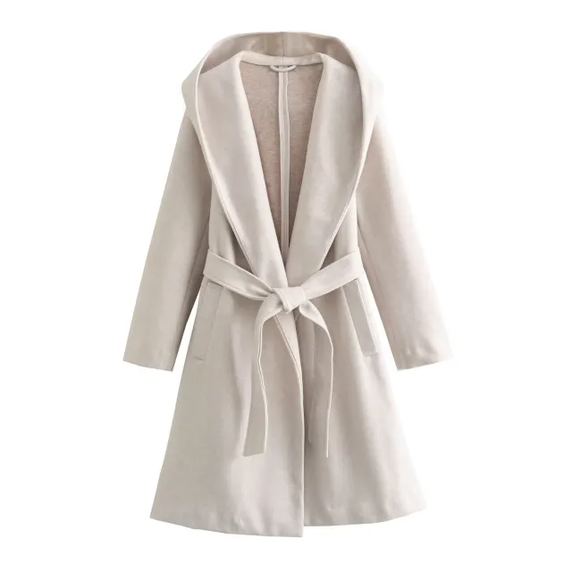 Women's Lace up Waist Elegant Hooded Woolen Coat Beige - Shop at LoveMi