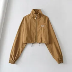 European And American Fashion Sports Style Stand Collar Zipper Cardigan Elastic Cuff Windproof Short Coat - Khaki - View 1