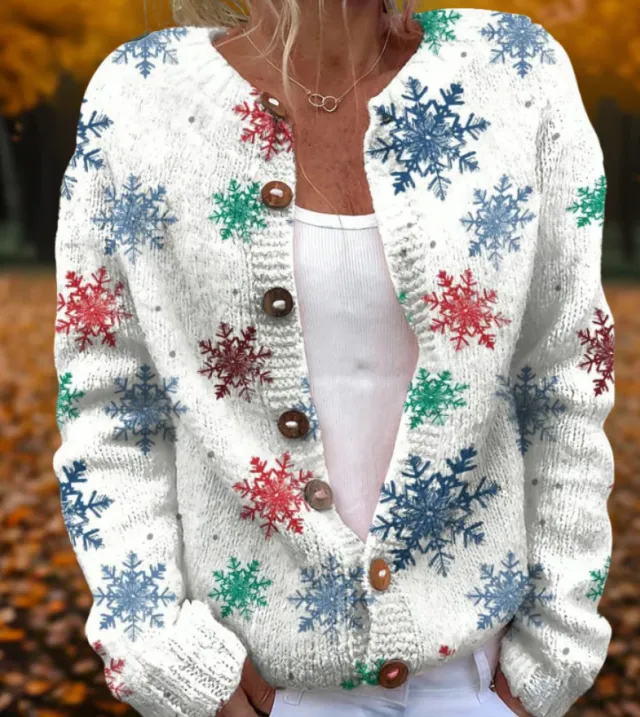 Round Neck Sweater Christmas Button Cardigan Long Sleeve Sweater 4Color - Shop at LoveMi