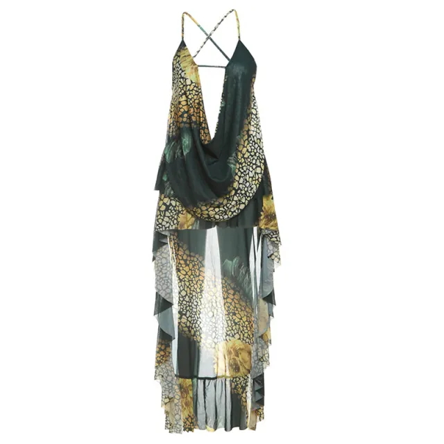 Deep V Sexy Backless Underwaist High Waist Irregular Skirt Suit Green - Shop at LoveMi