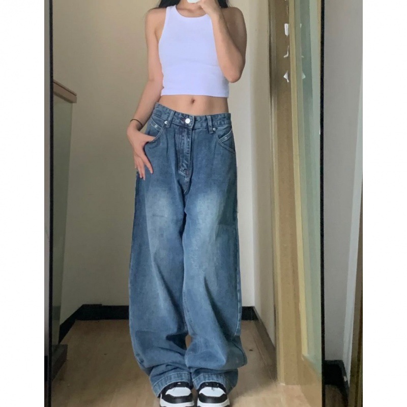 Loose Wide Leg Leisure Straight leg Pants Women's High Waist Slimming Blue - Shop at LoveMi