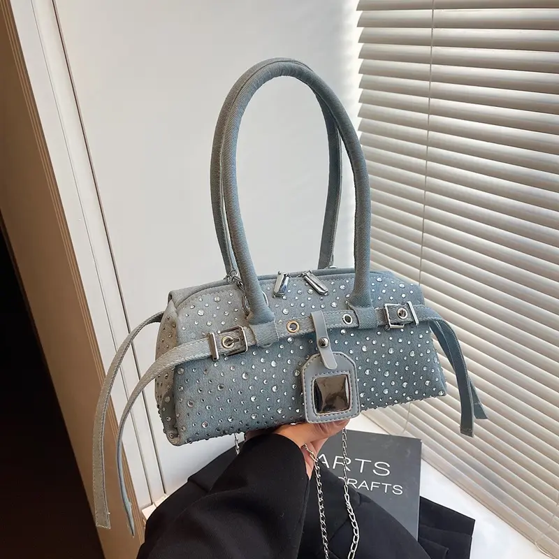 Sparkling Rhinestone Casual Denim Chain-Strap Handbag