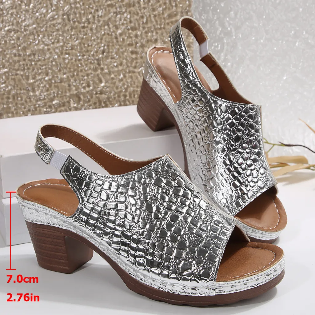 Women's Plus Size Thick Bottom Chunky Heel Wedge Sandals - Silver