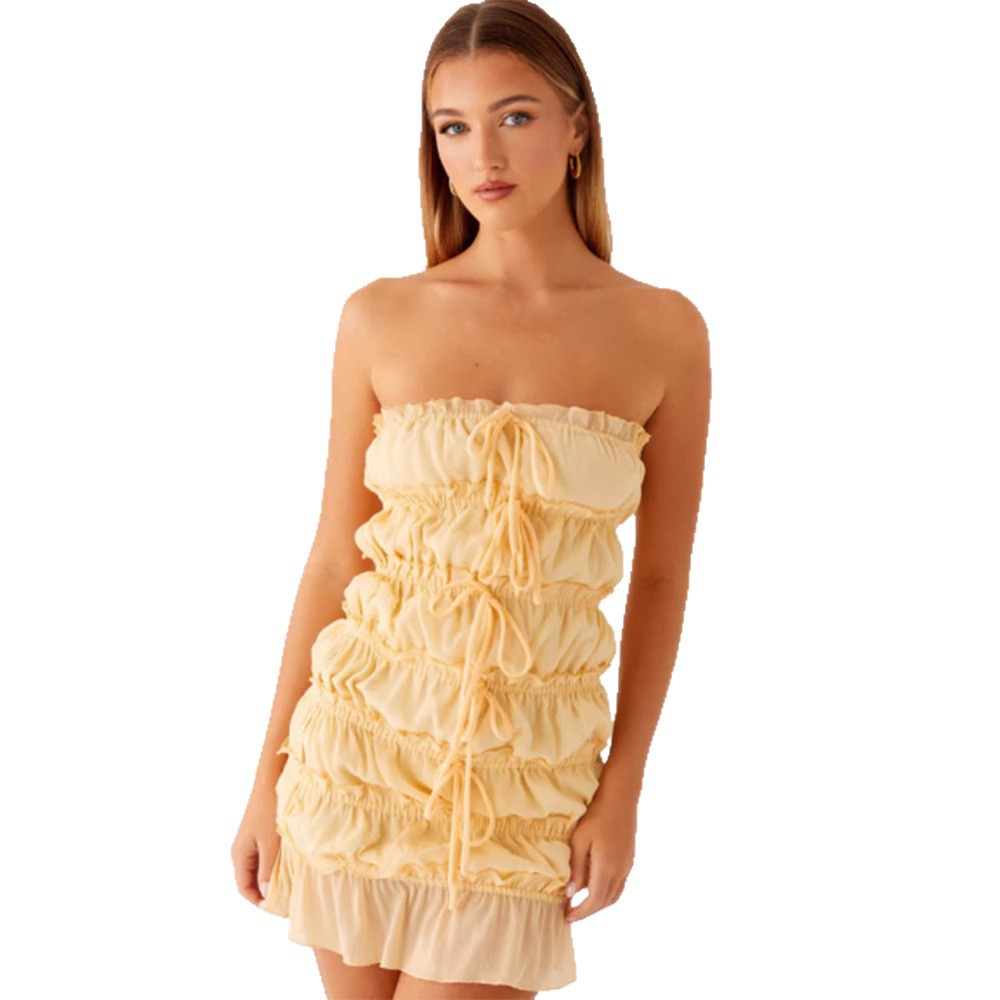 Sweet Yellow Bowknot Lace-up Tube Top Dress