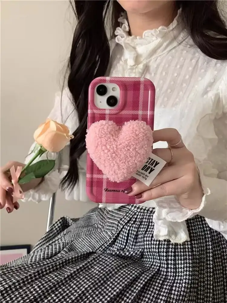 Rose Red Plaid Suitable Bracket Phone Case Soft Shell Plush