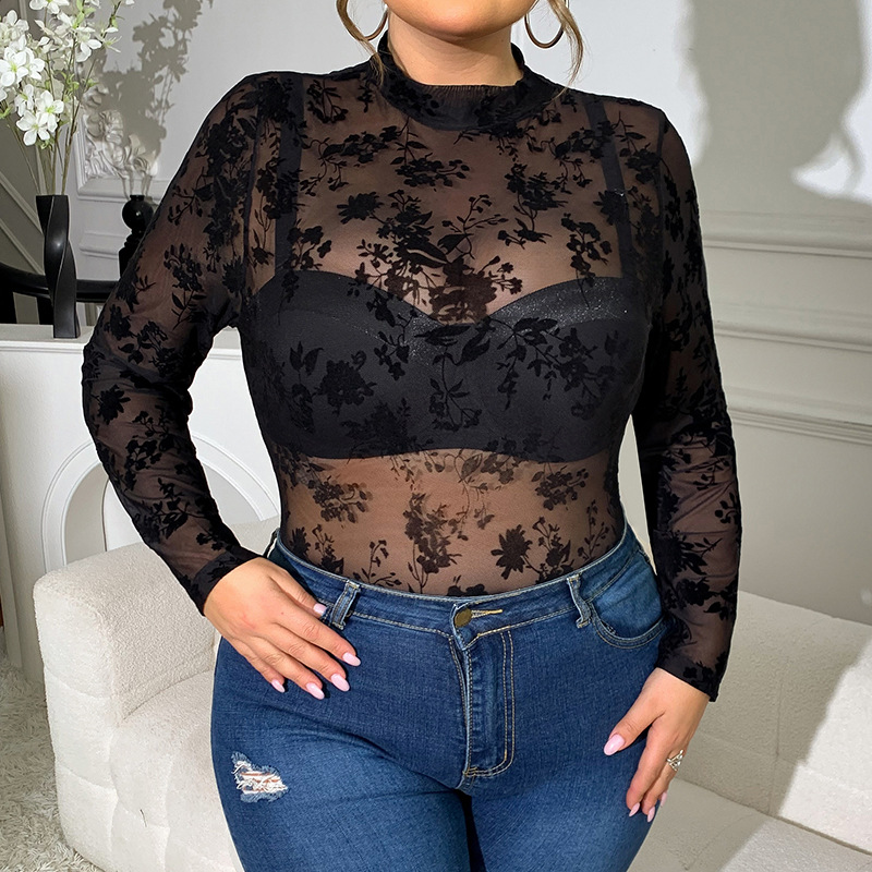 Large Size For Girl Sexy Lace Jumpsuit Flocked Printed Long Sleeve
