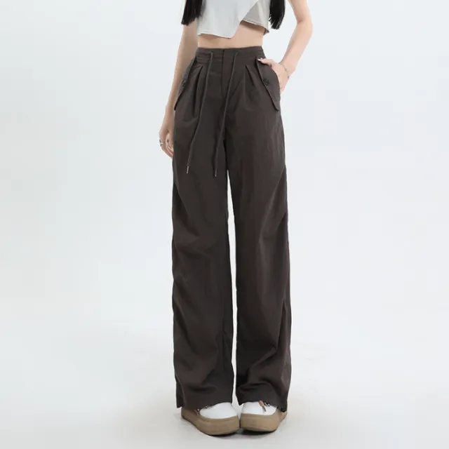 American High Street Cool Drawstring Lace up Casual High Waist Wide Leg Pants Gh 1323 Dark Gray Trousers - Shop at LoveMi