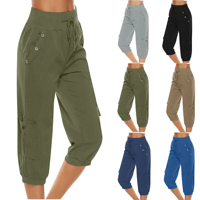 Women's Cropped Pants Cotton Linen Cargo Pocket Casual