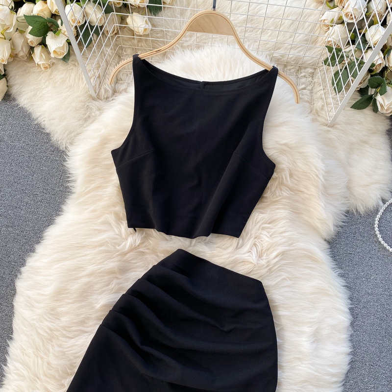 Solid Color Round Neck Vest Short Top High Waist Hip-wrapped Mid-length Dress