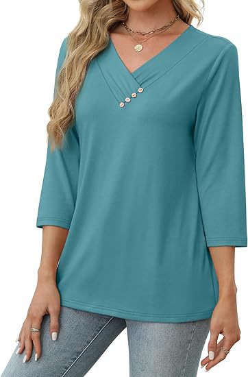 Blue green casual button v-neck women’s pullover