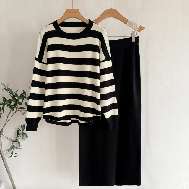 Fashion Long Sleeve T shirt High Waist Skirt Knitted Two piece Black - Shop at LoveMi