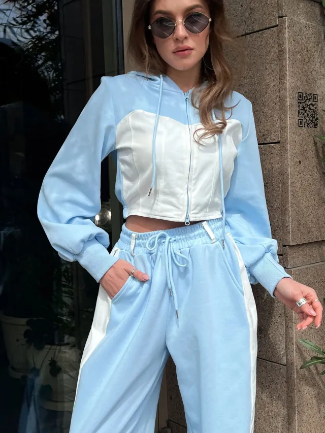 Fashion Casual Sweater Suit Denim Stitching Hooded Top And Trousers Women's Clothing Blue - Shop at LoveMi