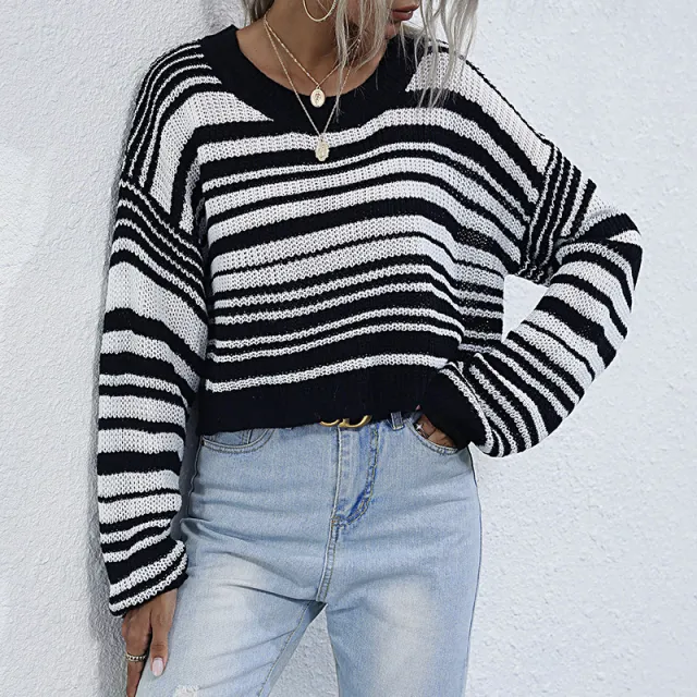 Base Knitwear Short Striped Sweater Women Black - Shop at LoveMi