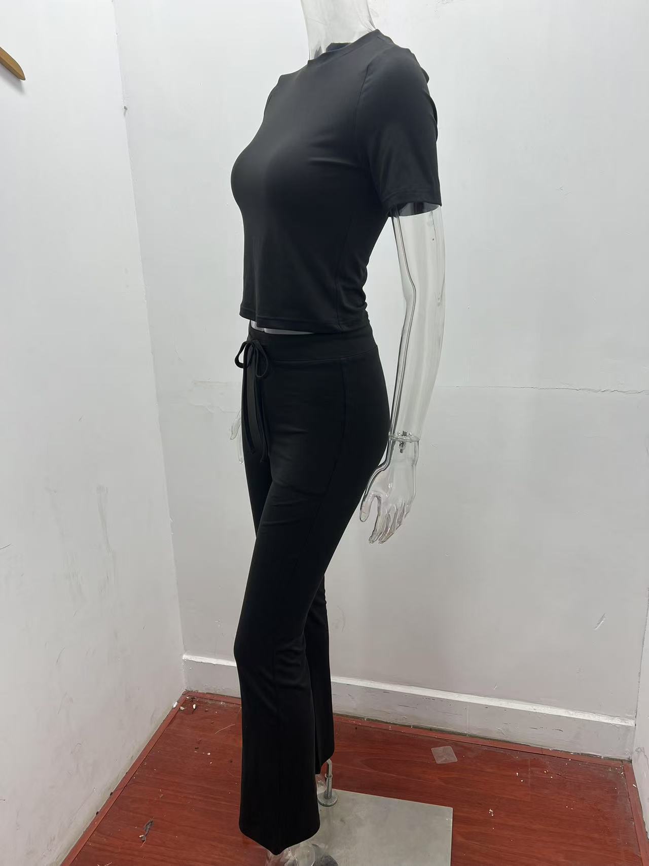 Sky blue crew neck short sleeve top and full-length pants two-piece set – solid color casual women's fashion