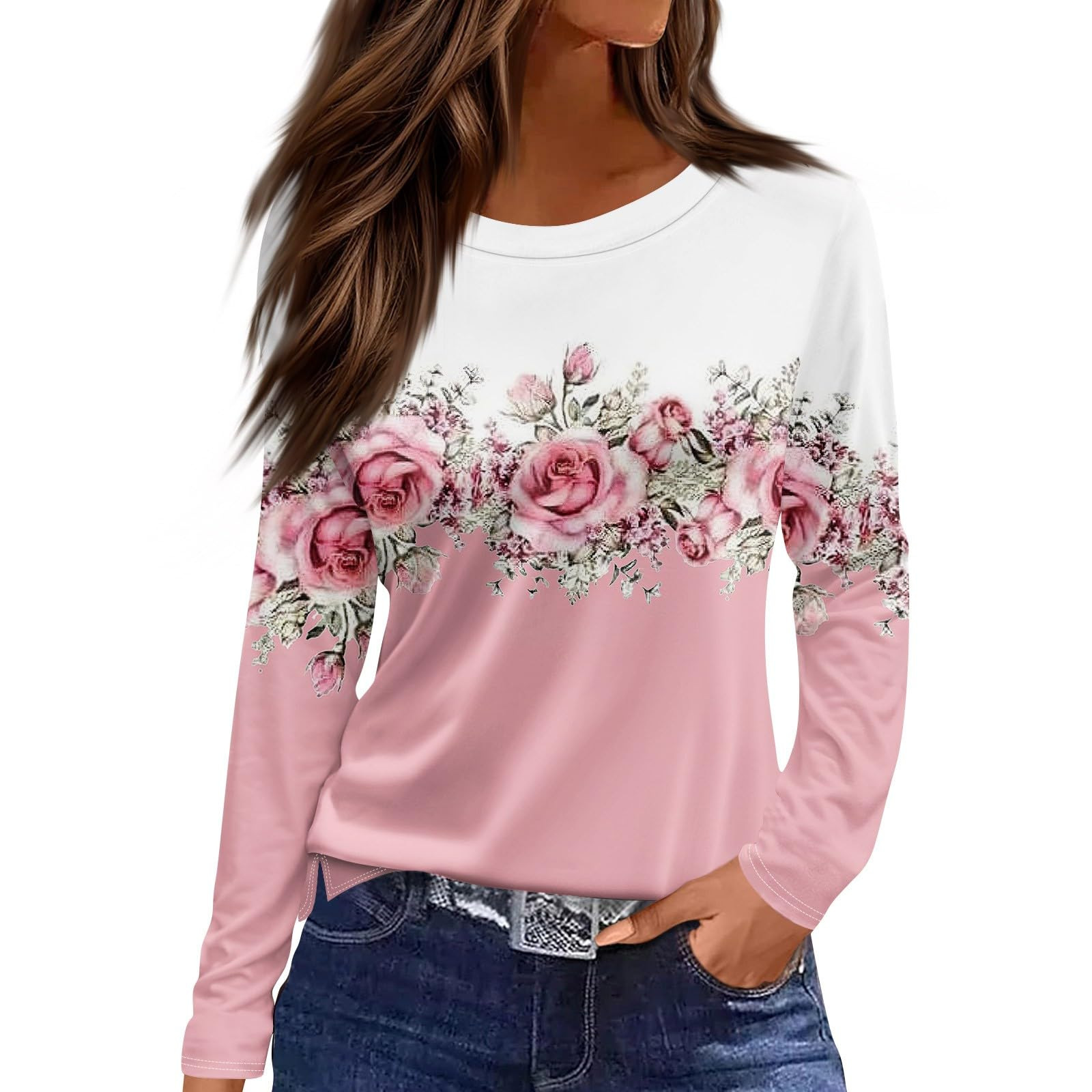 European And American Slim fit Cotton like Round Neck Printed Solid Color Long Sleeve Long Sleeve 244Style S - Shop at LoveMi