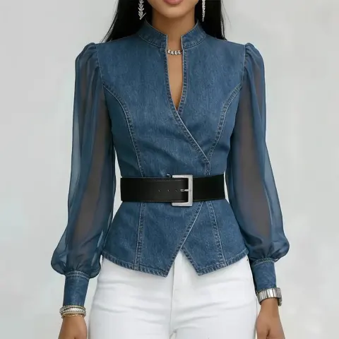 Women's V-neck Lace Long-sleeve Top