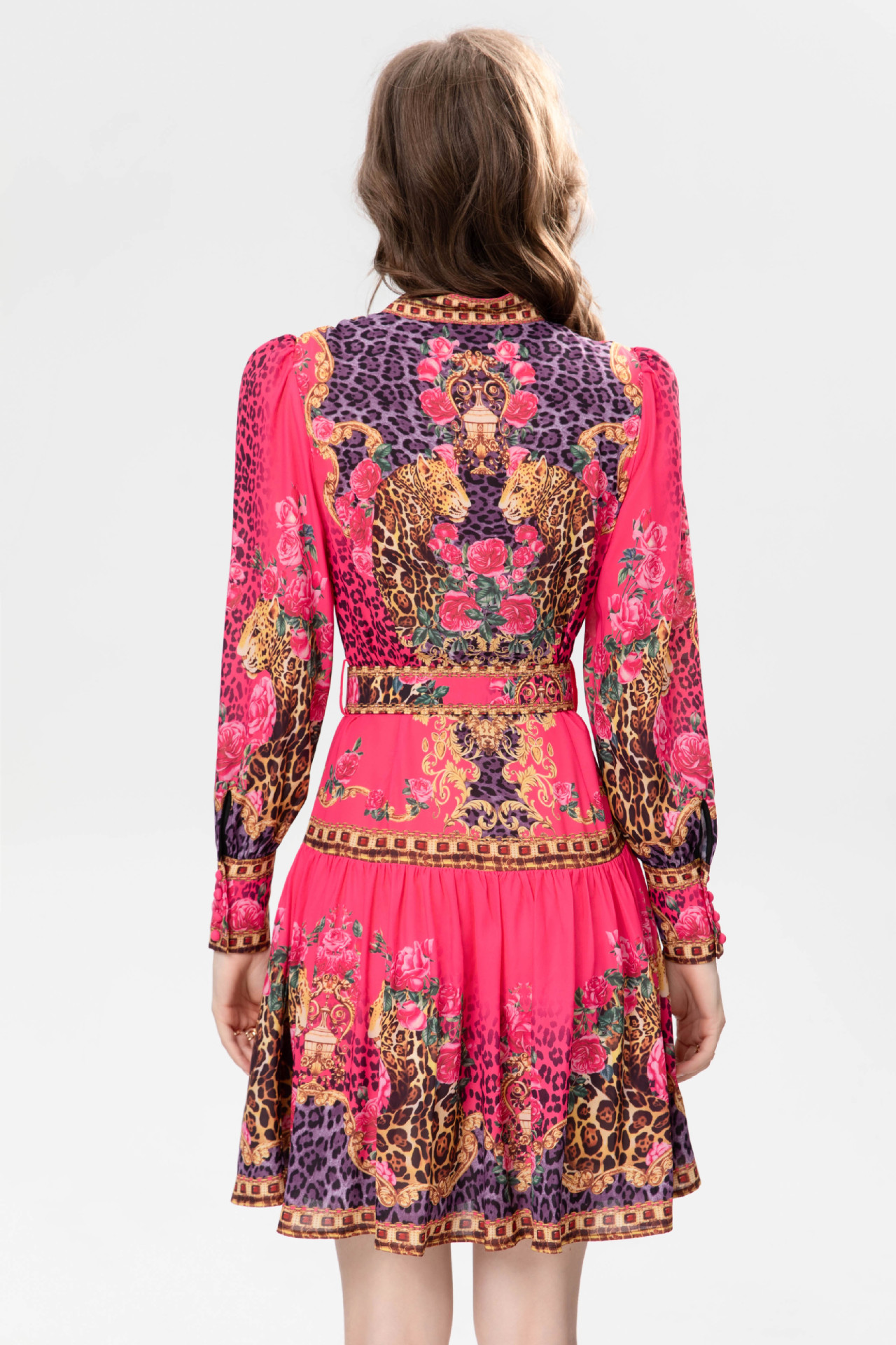 Sweet Temperament Positioning Printing Single-breasted Belt Long Sleeve Dress