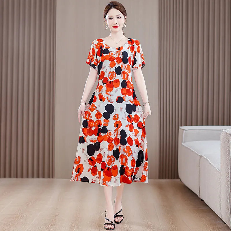 Plus Size Women's Clothes Short Sleeve Cotton Floral Dress - Yellow Circle