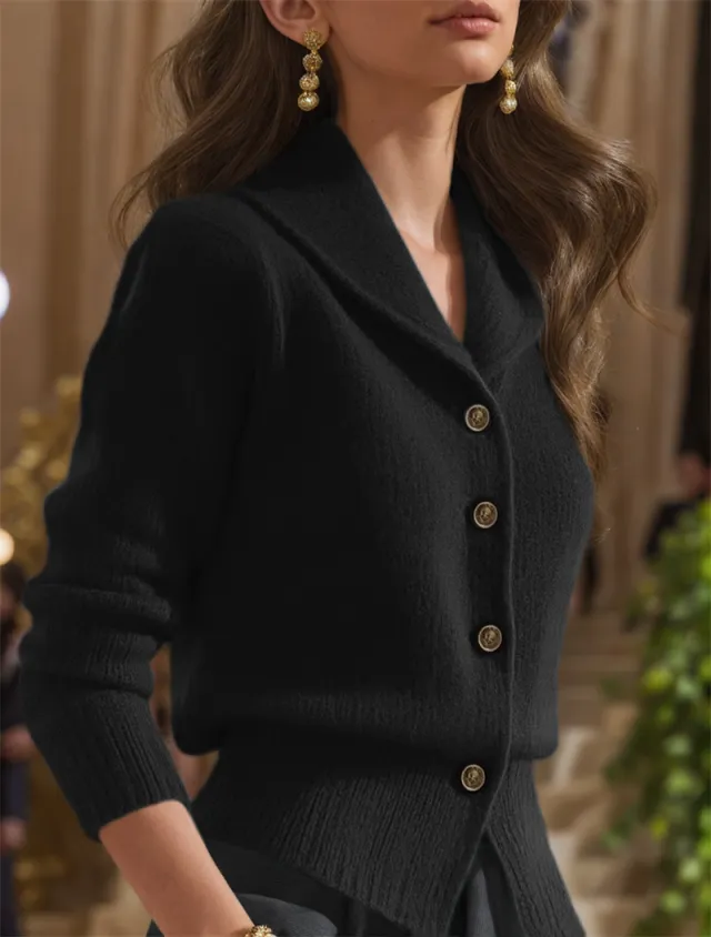 Women's Retro Lapel Solid Color Waist tightening Knitted Sweater Coat Black - Shop at LoveMi