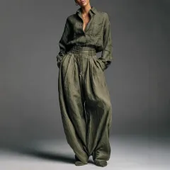 Shirt And Trousers Two-piece Set Cardigan Long Sleeves Loose Fit Fashionable Unisex Style - Green - View 1