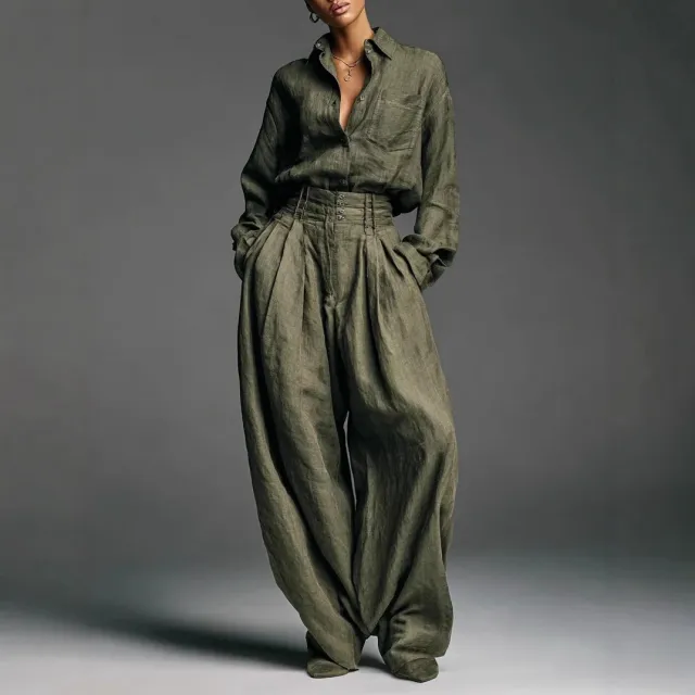 Shirt And Trousers Two piece Set Cardigan Long Sleeves Loose Fit Fashionable Unisex Style Army Green - Shop at LoveMi