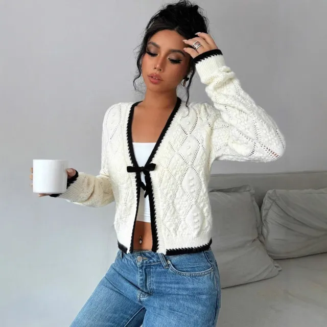 Casual V neck Bow Tie Knitted Jacket White - Shop at LoveMi