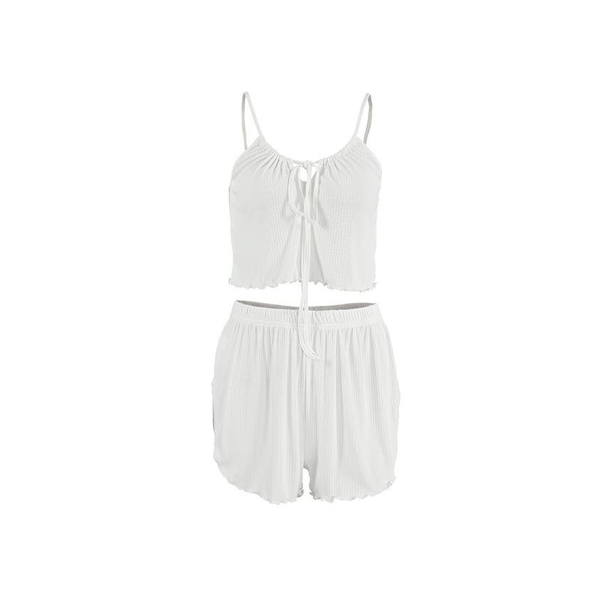 Comfortable Knitted White Sunken Stripe Suspender Shorts Pajamas Suit