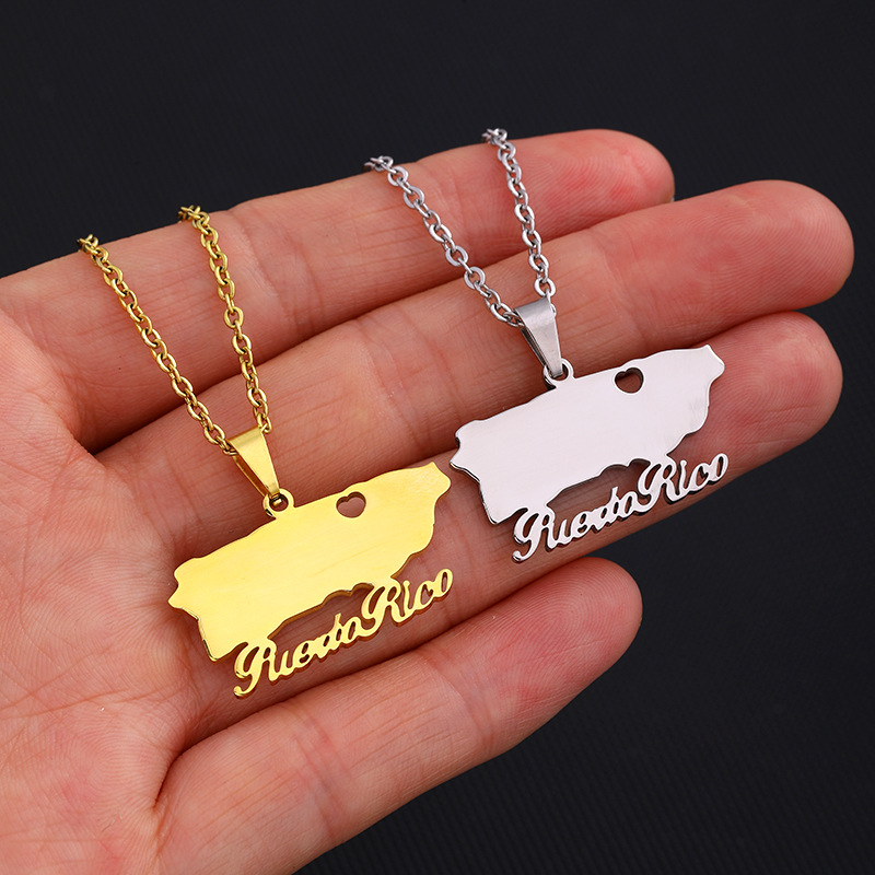 European And American Glossy Heart-shaped Puerto Rico Letter Map Necklace