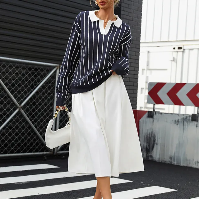 College Street Fashion Polo Collar Stripes Women's Sweater Dark Blue - Shop at LoveMi