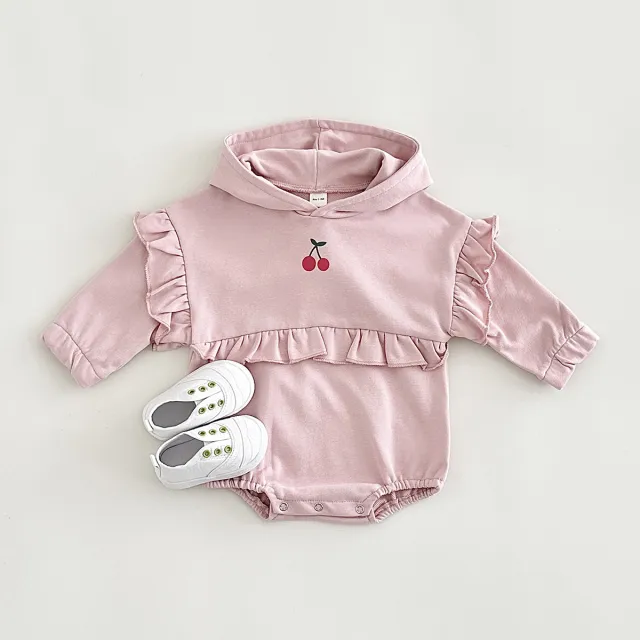 Baby Girl Sweet Cherry Embroidered Long Sleeve Hooded Crawling Suit Jumpsuit Pink - Shop at LoveMi