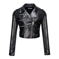 Women's Leather Top Slim Fit Short Cotton High Waist - Black - View 1
