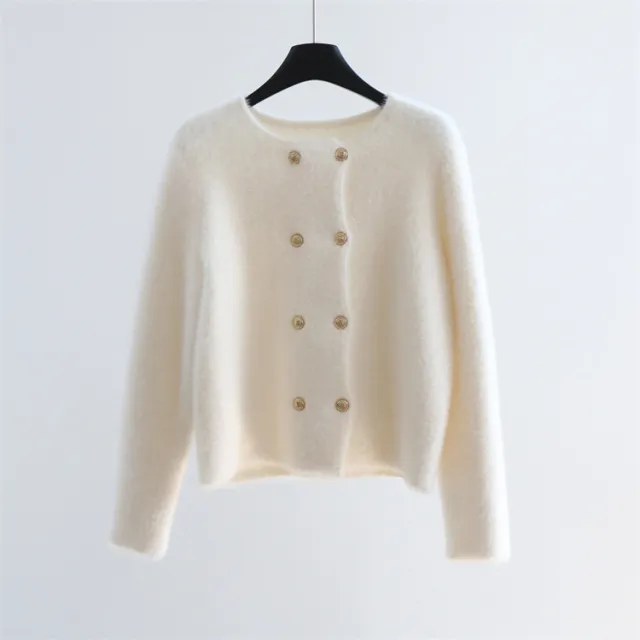 Square Mink Fur Double Breasted Round Neck Knitted Jacket Beige - Shop at LoveMi